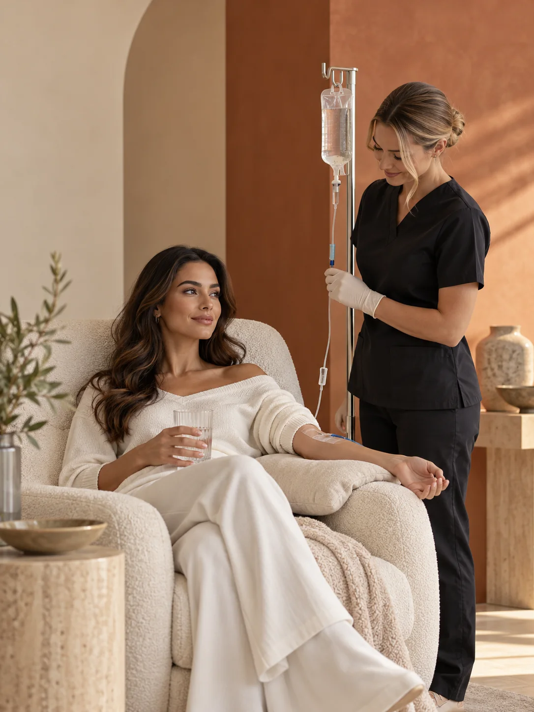 Client receiving personalised IV therapy in a private setting